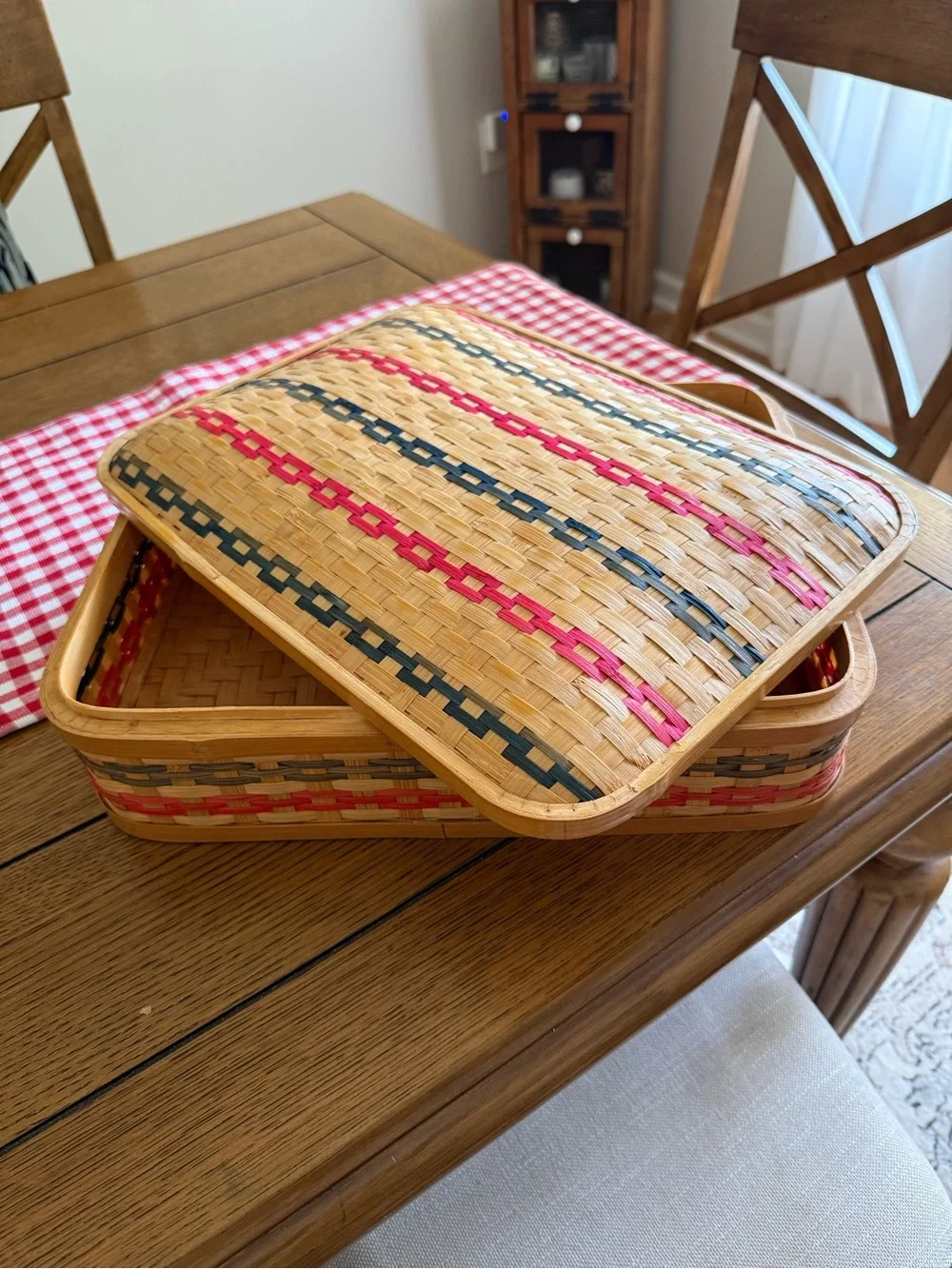 Woven Casserole Basket with Red and Blue Accents